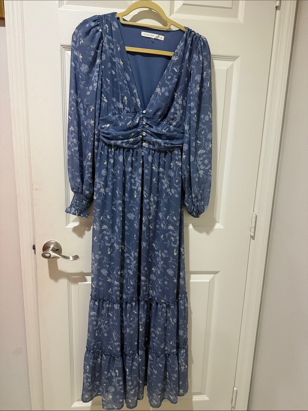Astr Blue Floral V-Neck Long Sleeve Maxi Dress